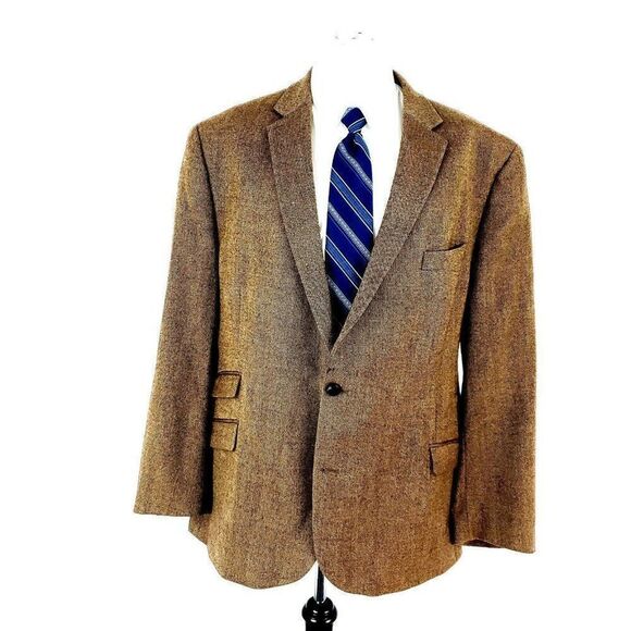 Lauren Ralph Lauren Tweed Wool 2 Leather Button Sport Coat 44R Brown Cross Check - Picture 3 of 12